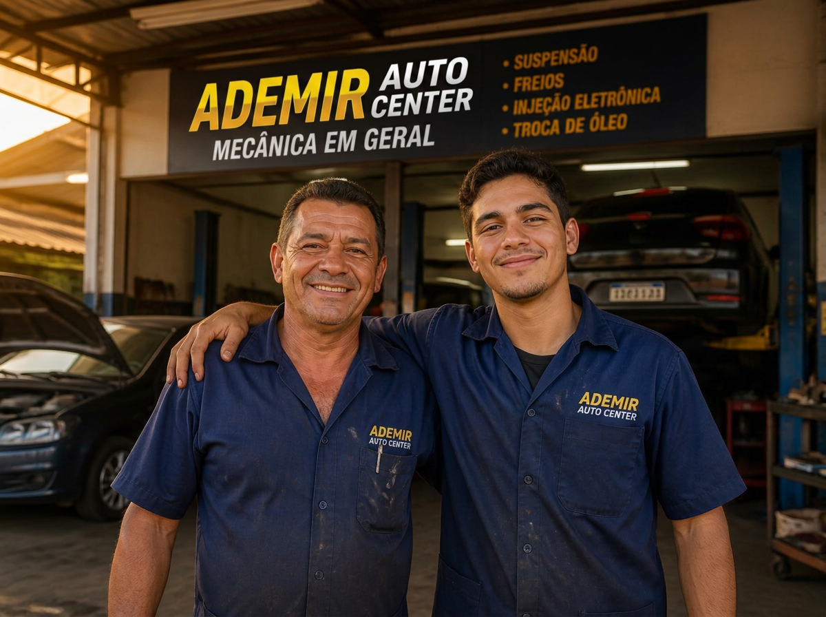 Equipe familiar do Ademir Auto Center em frente à oficina em Porto Velho